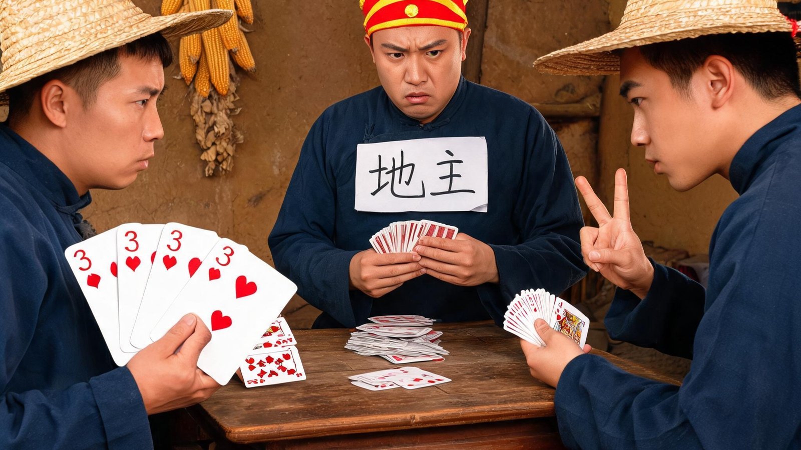 两位农民玩家在斗地主中默契配合，一人出牌压制地主，另一人用手势暗示牌型，桌上牌局紧张