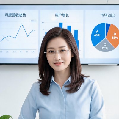 团队核心成员林敏，女性，戴无框眼镜，知性气质，背景有数据分析图表